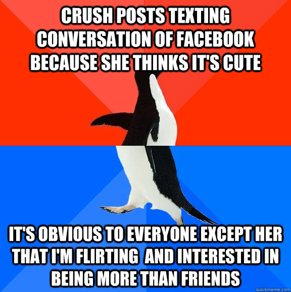crush posts texting conversation of facebook because she thinks it's cute it's obvious to everyone except her that I'm flirting  and interested in being more than friends  Socially Awesome Awkward Penguin