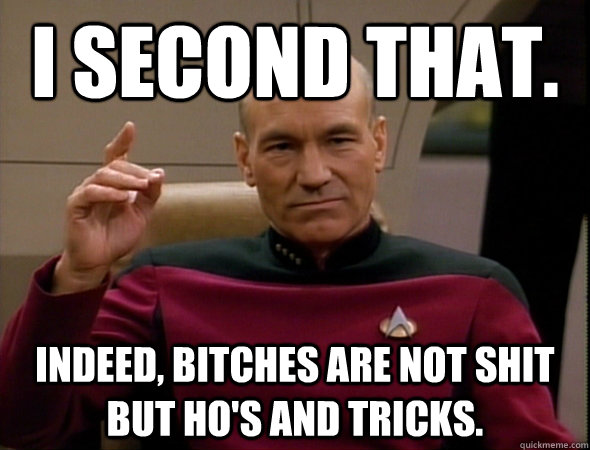 I second that. Indeed, bitches are not shit but ho's and tricks. - I second that. Indeed, bitches are not shit but ho's and tricks.  good captain picard