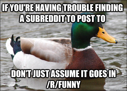 if you're having trouble finding a subreddit to post to don't just assume it goes in /r/funny - if you're having trouble finding a subreddit to post to don't just assume it goes in /r/funny  Actual Advice Mallard