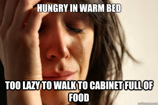 Hungry in warm bed Too lazy to walk to cabinet full of food  First World Problems
