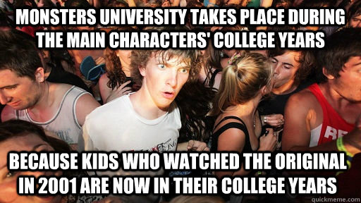 Monsters university takes place during the main characters' college years because kids who watched the original in 2001 are now in their college years  Sudden Clarity Clarence