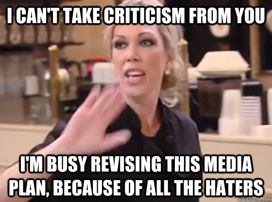 I can't take criticism from you I'm busy revising this media plan, because of all the haters - I can't take criticism from you I'm busy revising this media plan, because of all the haters  Overly Hostile Amy