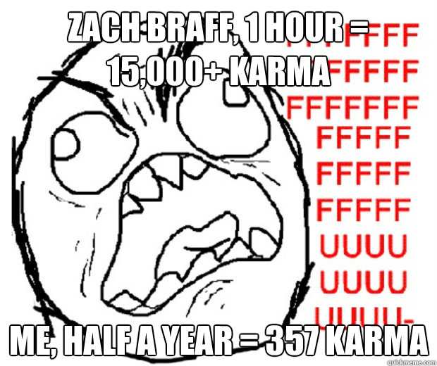 Zach Braff, 1 Hour = 15,000+ Karma Me, Half a Year = 357 Karma  Rage Guy