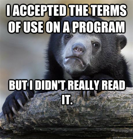 I accepted the terms of use on a program but I didn't really read it. - I accepted the terms of use on a program but I didn't really read it.  Confession Bear