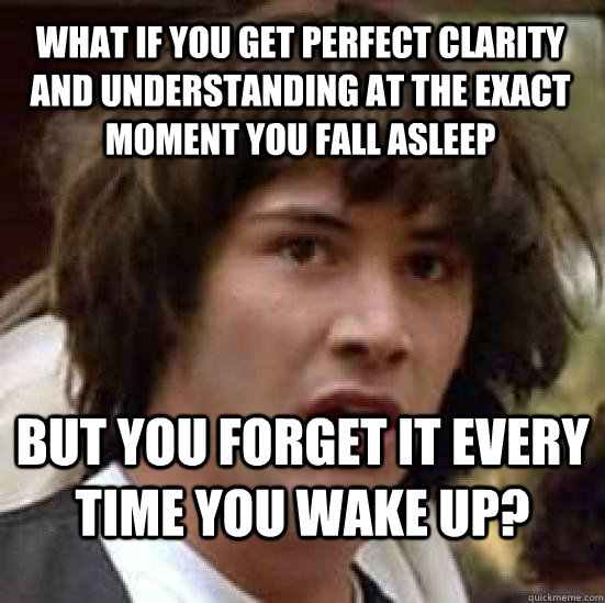 what if you get perfect clarity and understanding at the exact moment you fall asleep but you forget it every time you wake up?  conspiracy keanu