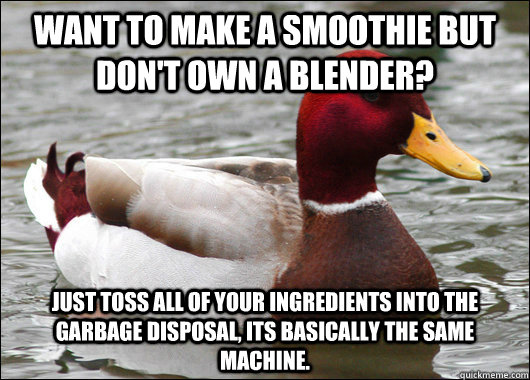 Want to make a smoothie but don't own a blender? just toss all of your ingredients into the garbage disposal, its basically the same machine.  Malicious Advice Mallard