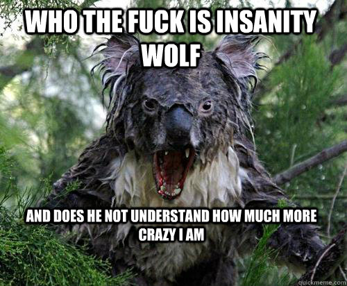 WHO THE FUCK IS INSANITY WOLF AND DOES HE NOT UNDERSTAND HOW MUCH MORE CRAZY I AM - WHO THE FUCK IS INSANITY WOLF AND DOES HE NOT UNDERSTAND HOW MUCH MORE CRAZY I AM  Angry Koala