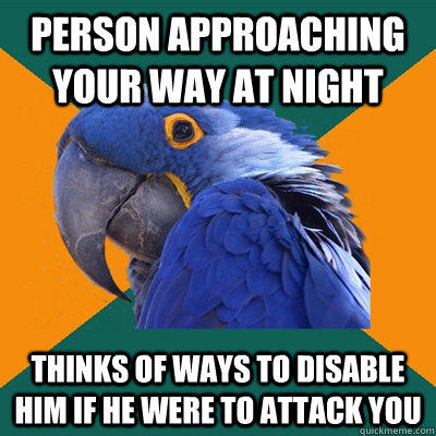 Person approaching your way at night thinks of ways to disable him if he were to attack you - Person approaching your way at night thinks of ways to disable him if he were to attack you  Paranoid Parrot