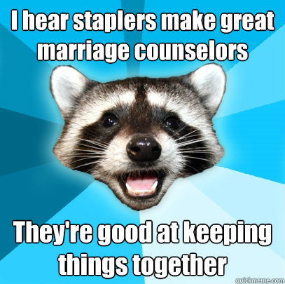 I hear staplers make great marriage counselors  They're good at keeping things together  Lame Pun Coon