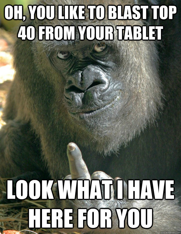 Oh, you like to blast top 40 from your tablet look what i have here for you  fuck you gorilla
