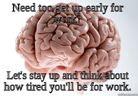 NEED TOO GET UP EARLY FOR WORK? LET'S STAY UP AND THINK ABOUT HOW TIRED YOU'LL BE FOR WORK. Scumbag Brain