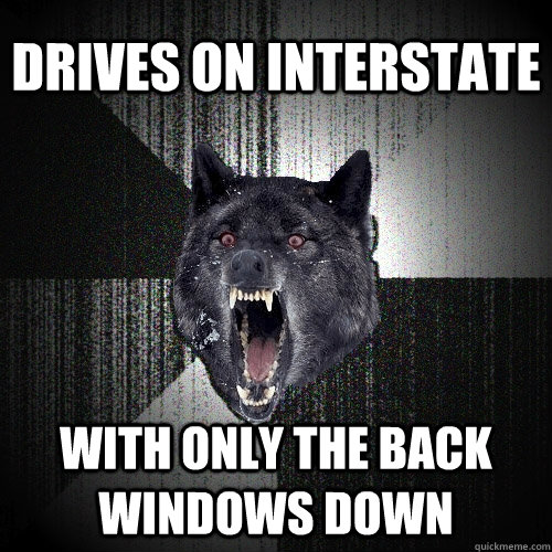 drives on interstate  with only the back windows down  Insanity Wolf