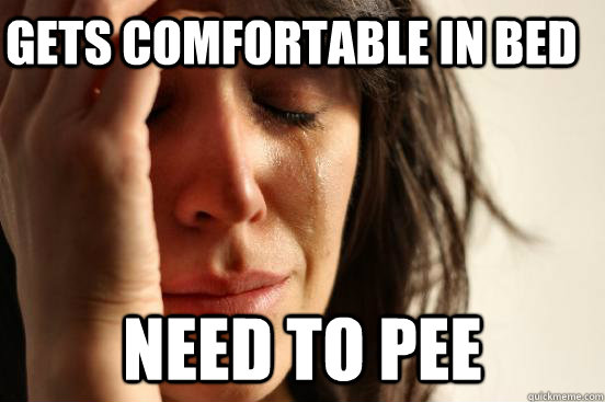 gets comfortable in bed need to pee  First World Problems