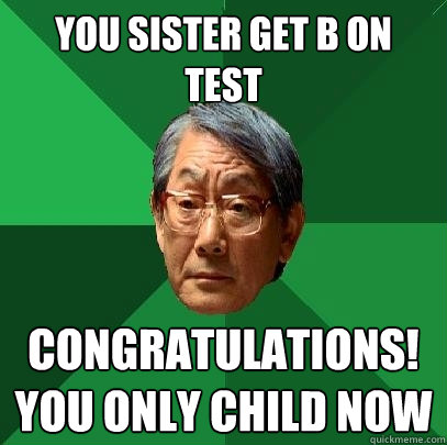 You sister get B on test Congratulations! You only child now  High Expectations Asian Father