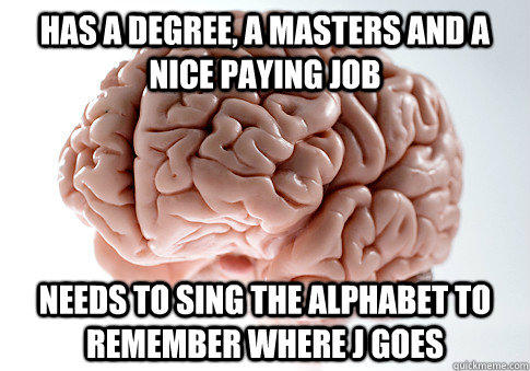 HAS A DEGREE, A MASTERS AND A NICE PAYING JOB Needs to sing the alphabet to remember where J goes - HAS A DEGREE, A MASTERS AND A NICE PAYING JOB Needs to sing the alphabet to remember where J goes  Scumbag Brain