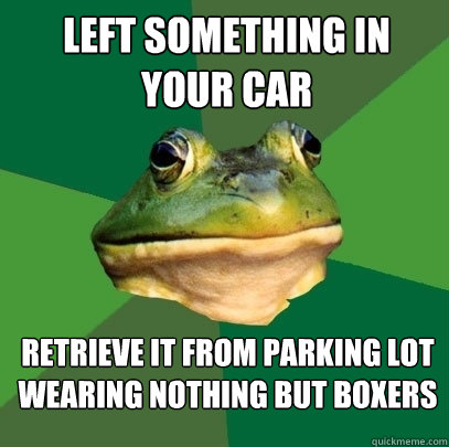 Left something in your car retrieve it from parking lot wearing nothing but boxers  Foul Bachelor Frog