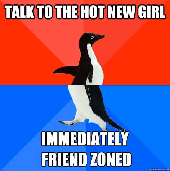Talk to the hot new girl immediately
 Friend zoned  Socially Awesome Awkward Penguin