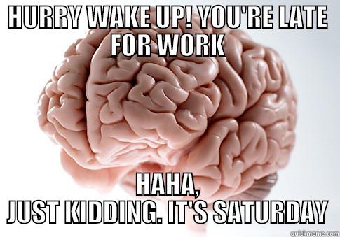 SCUMBAG BRAIN DAY OFF - HURRY WAKE UP! YOU'RE LATE FOR WORK HAHA, JUST KIDDING. IT'S SATURDAY Scumbag Brain