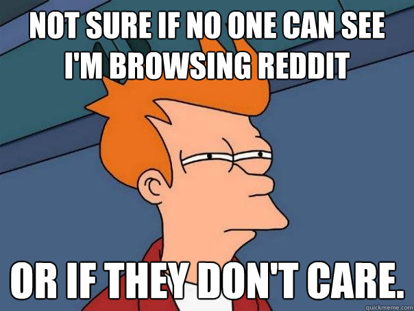 Not sure if no one can see I'm browsing Reddit or if they don't care.  Futurama Fry