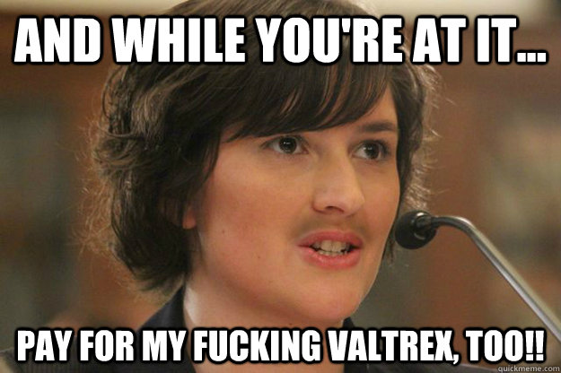 And while you're at it... PAY FOR MY FUCKING VALTREX, TOO!!  Slut Sandra Fluke