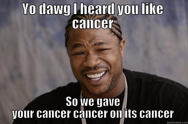 xzibit cancer - YO DAWG I HEARD YOU LIKE CANCER SO WE GAVE YOUR CANCER CANCER ON ITS CANCER Xzibit meme