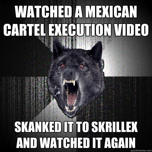 Watched a mexican 
cartel execution video Skanked it to skrillex 
and watched it again  Insanity Wolf