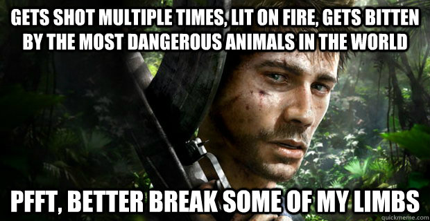 gets shot multiple times, lit on fire, gets bitten by the most dangerous animals in the world pfft, better break some of my limbs - gets shot multiple times, lit on fire, gets bitten by the most dangerous animals in the world pfft, better break some of my limbs  Far cry 3 in a Nutshell