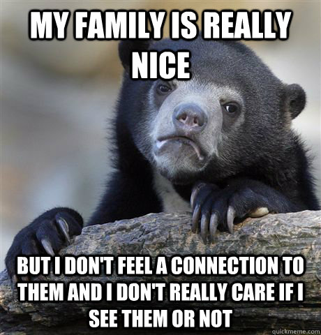 My family is really nice but I don't feel a connection to them and I don't really care if I see them or not  Confession Bear