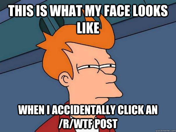 This is what my face looks like  when I accidentally click an /r/wtf post  Futurama Fry