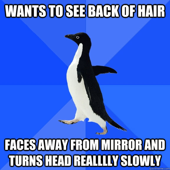 Wants to see back of hair Faces away from mirror and turns head realllly slowly  Socially Awkward Penguin