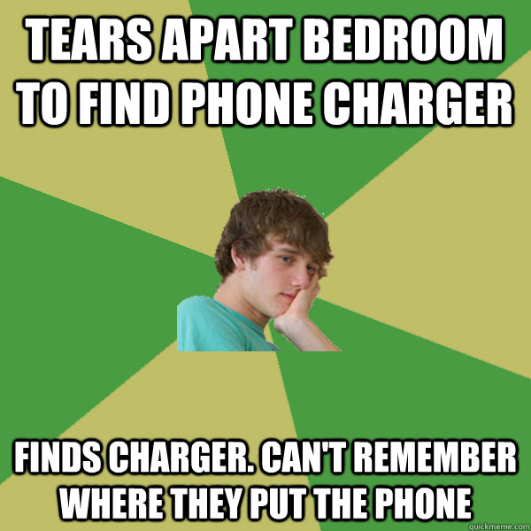 Tears apart bedroom to find phone charger Finds charger. Can't remember where they put the phone  