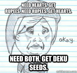 need hearts, get
rupees. need rupees, get hearts. need both, get deku seeds.  Okay Link