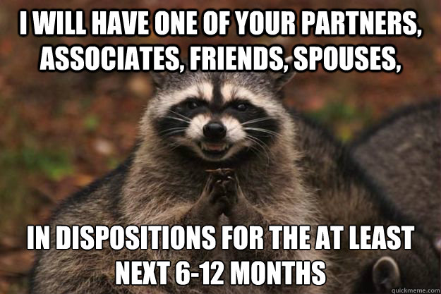 I will have one of your partners, associates, friends, spouses, in dispositions for the at least next 6-12 months
 - I will have one of your partners, associates, friends, spouses, in dispositions for the at least next 6-12 months
  Evil Plotting Raccoon