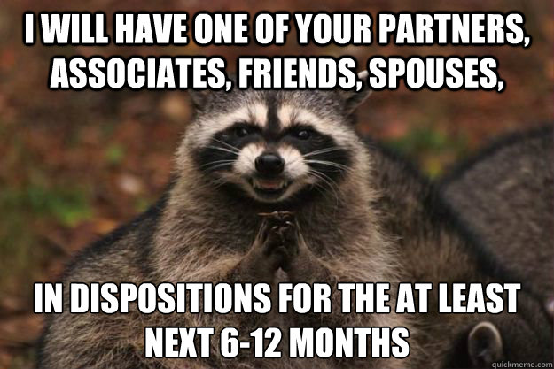 I will have one of your partners, associates, friends, spouses, in dispositions for the at least next 6-12 months
  Evil Plotting Raccoon