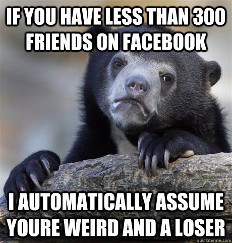 if you have less than 300 friends on facebook i automatically assume youre weird and a loser  Confession Bear