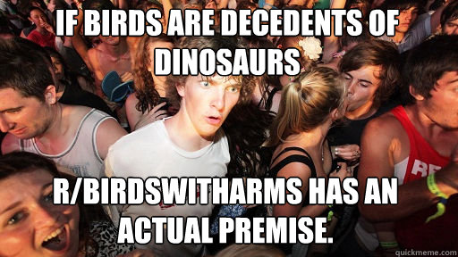 If birds are decedents of dinosaurs  r/birdswitharms has an actual premise.  Sudden Clarity Clarence