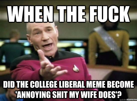 When the fuck did the college liberal meme become 'annoying shit my wife does'?  Annoyed Picard HD