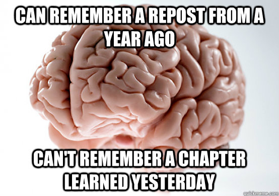 can remember a repost from a year ago can't remember a chapter learned yesterday  - can remember a repost from a year ago can't remember a chapter learned yesterday   Scumbag Brain I almost puked