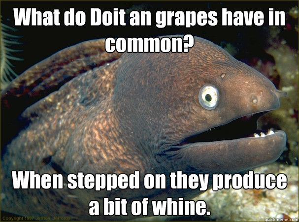 What do Doit an grapes have in common? When stepped on they produce a bit of whine.   Bad Joke Eel