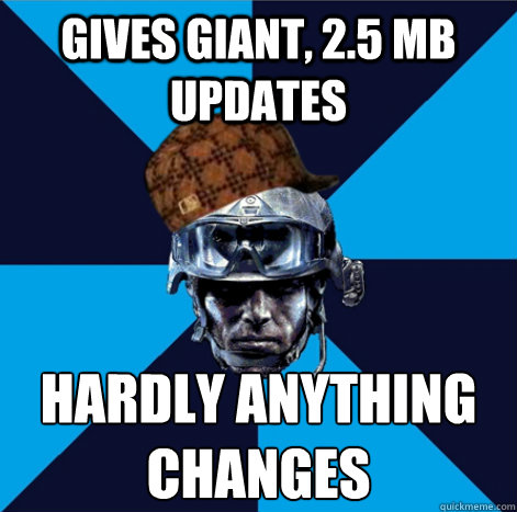 gives giant, 2.5 mb updates hardly anything changes  Scumbag Battlefield 3 Guy