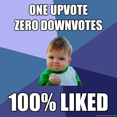 one upvote 
zero downvotes 100% liked - one upvote 
zero downvotes 100% liked  Success Kid