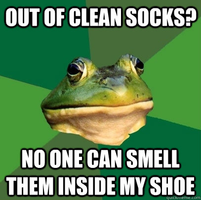 out of clean socks? no one can smell them inside my shoe - out of clean socks? no one can smell them inside my shoe  Foul Bachelor Frog