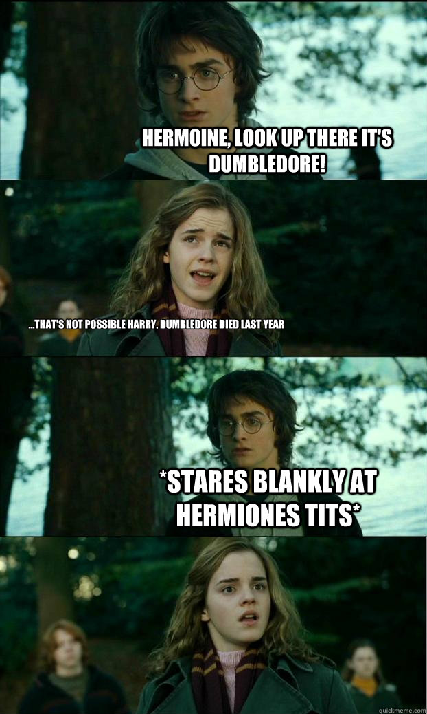 HErmoine, look up there it's Dumbledore! ...that's not possible harry, Dumbledore died last year *Stares blankly at Hermiones tits*  Horny Harry