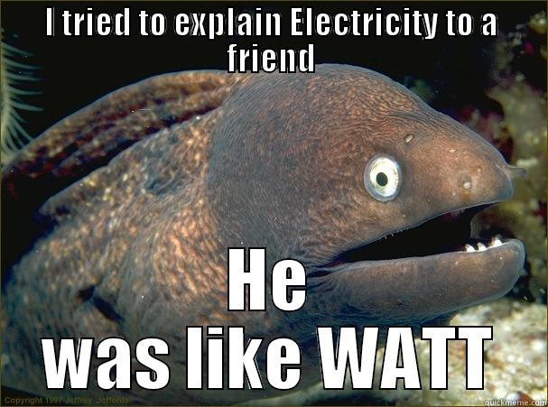 WATT!! ASHDUAHSDUA - I TRIED TO EXPLAIN ELECTRICITY TO A FRIEND HE WAS LIKE WATT Bad Joke Eel