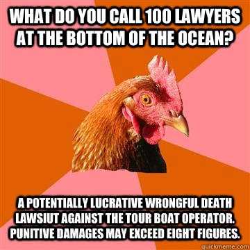 What do you call 100 lawyers at the bottom of the ocean? A potentially lucrative wrongful death lawsiut against the tour boat operator. Punitive damages may exceed eight figures.  Anti-Joke Chicken