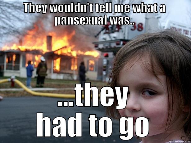Pansexual Mississippi Burning - THEY WOULDN'T TELL ME WHAT A PANSEXUAL WAS.. ...THEY HAD TO GO Disaster Girl