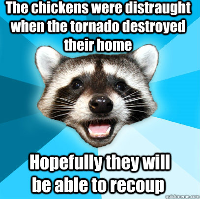The chickens were distraught when the tornado destroyed their home  Hopefully they will be able to recoup  Lame Pun Coon
