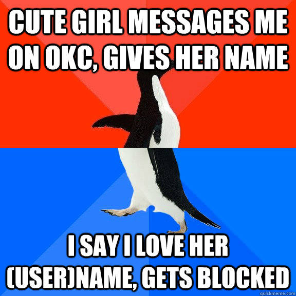cute girl messages me on OKC, gives her name I say I love her (user)name, gets blocked - cute girl messages me on OKC, gives her name I say I love her (user)name, gets blocked  Socially Awesome Awkward Penguin