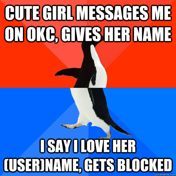 cute girl messages me on OKC, gives her name I say I love her (user)name, gets blocked  Socially Awesome Awkward Penguin