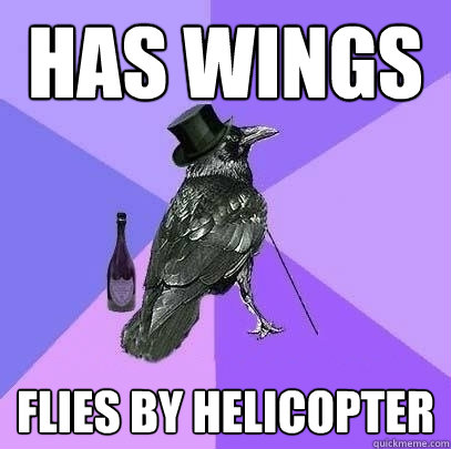 Has wings Flies by helicopter  Rich Raven